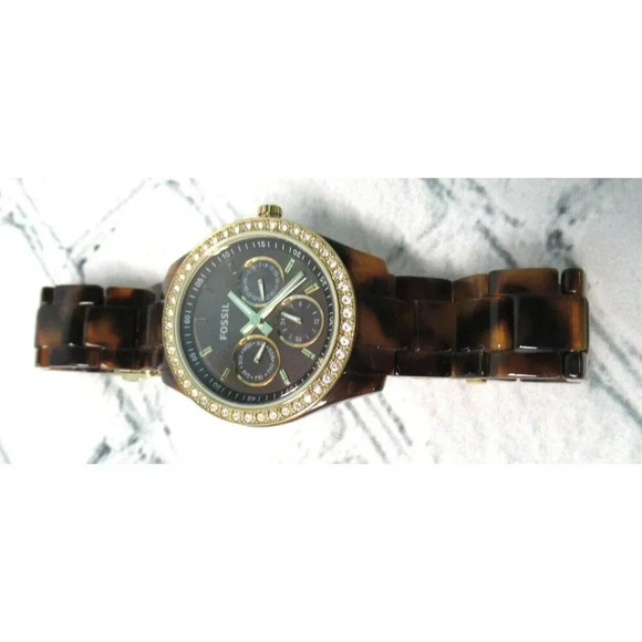 Fossil Stella Watch Brown Faux Tortoise Shell Band Women 6.5" Needs Battery - Picture 2 of 3